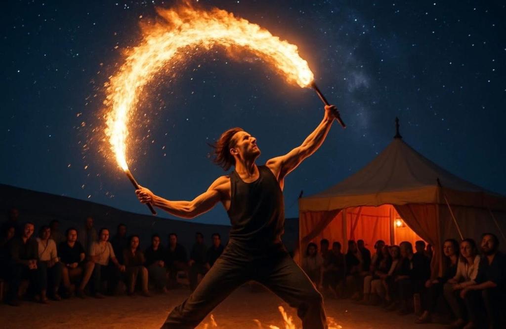 een man houdt een vuurshow voor een menigte bij Agafay Private evening camel ride sunset dinner show private experience in Marrakesh