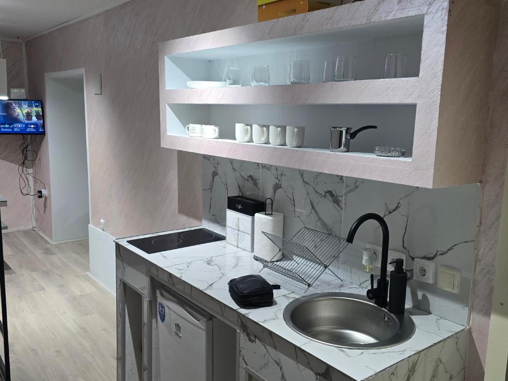 een keuken met een spoelbak en een aanrechtblad bij Lena Apartmani 5 in Odžaci