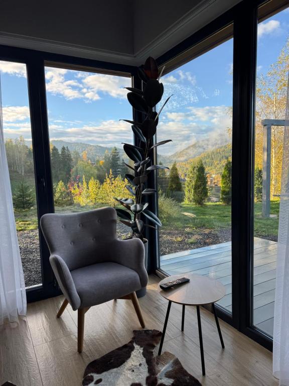 Una sala de estar con una silla y una ventana grande. en Grey apartments, en Slavske