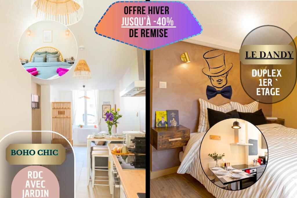 two pictures of a room with a bed and a kitchen at Idéal PRO & Couple - 2 Logements Thème Boho Chic RDC & Dandy 1er étage - Quartier Calme - Jardin - WIFI HD - Smart TV - Parking Gratuit - Proche Centre & Transports - Ask Home in Valenciennes