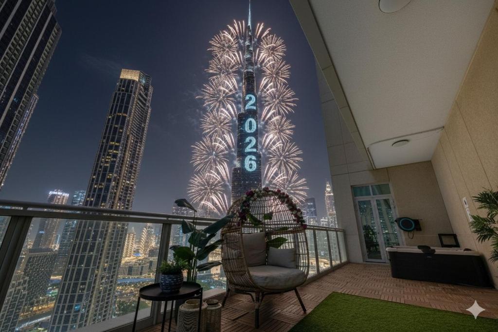 una stanza con vista sull'Empire State Building di Durrani Homes - Alluring 5BR Penthouse with Burj Khalifa and Fountain View a Dubai