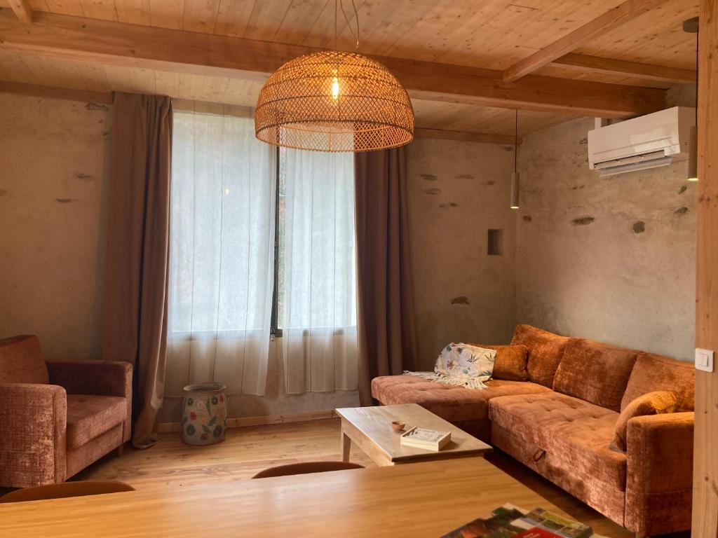 a living room with a couch and a chandelier at Gîte Le COCON au Clarou in Valleraugue