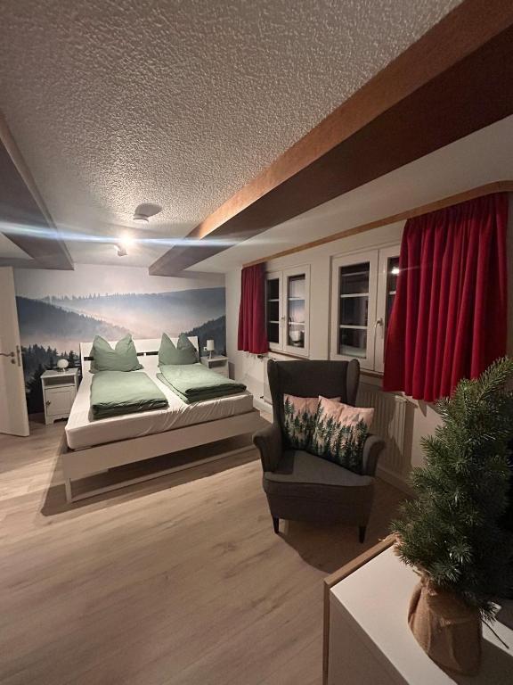 ein Schlafzimmer mit einem Bett und einem Stuhl in der Unterkunft Schwarzwaldhus Tannenblick in Todtmoos