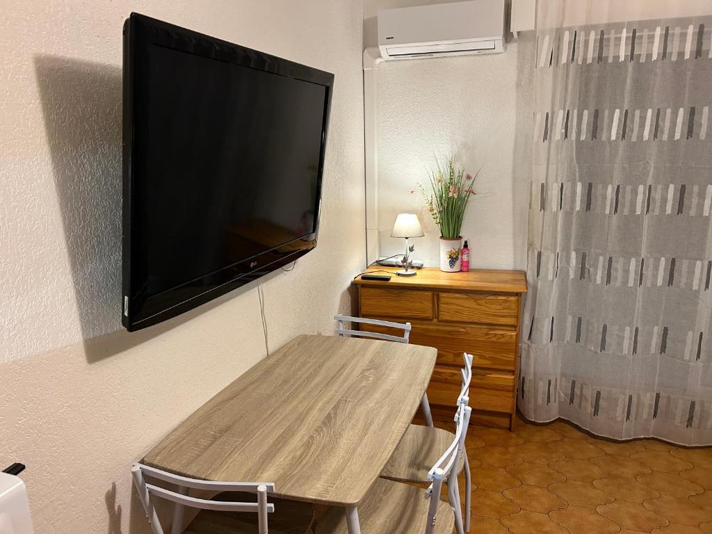 TV a/nebo společenská místnost v ubytování Studio climatisé avec jardin et plage à 250m