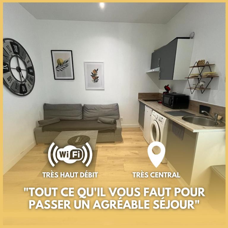 een kleine keuken en een woonkamer met een wastafel bij Appartement St Genis Laval Hyper centre in Saint-Genis-Laval