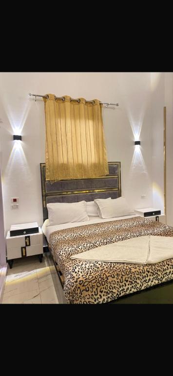 a bedroom with a large bed with a curtain at Hadi Guest House in Luxor