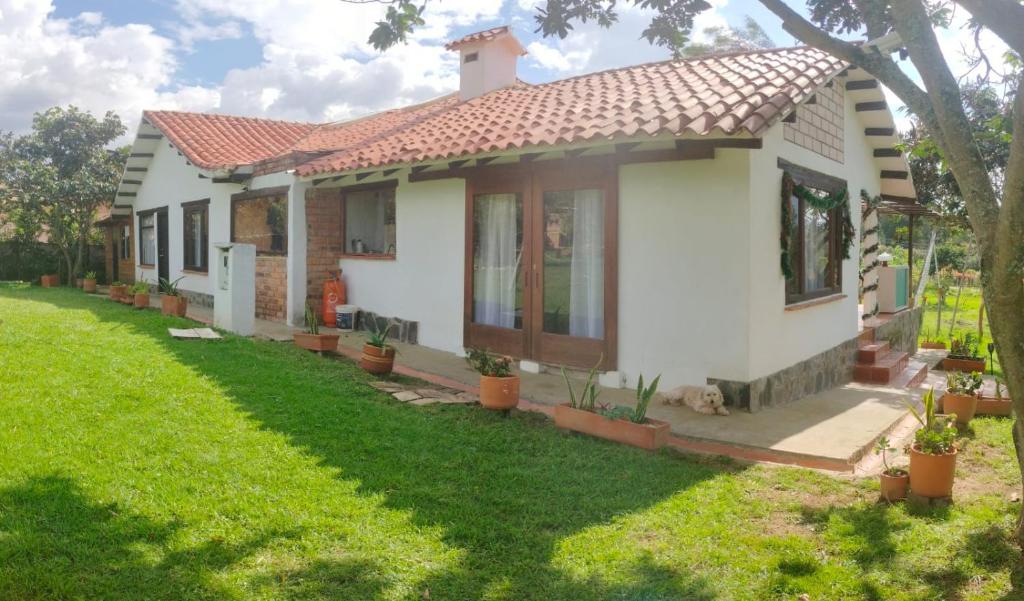 a house with a green lawn in front of it at Hospedaje Rural Pistacia Vera - Villa de Leyva in Villa de Leyva