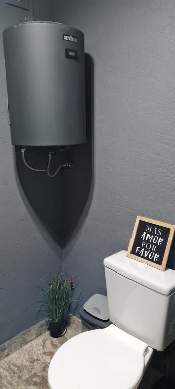 La salle de bains est pourvue de toilettes et d'une télévision murale. dans l'établissement La Nené hospedaje vacacional, à Villars