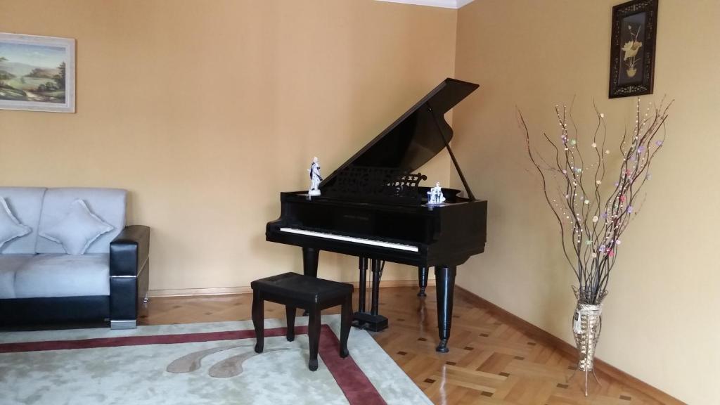 a black piano in a living room with a stool at Guest House kartvelishvili in Batumi