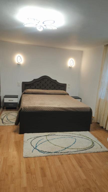 a bedroom with a bed with a rug on the floor at Casa Sulfina in Radoşi