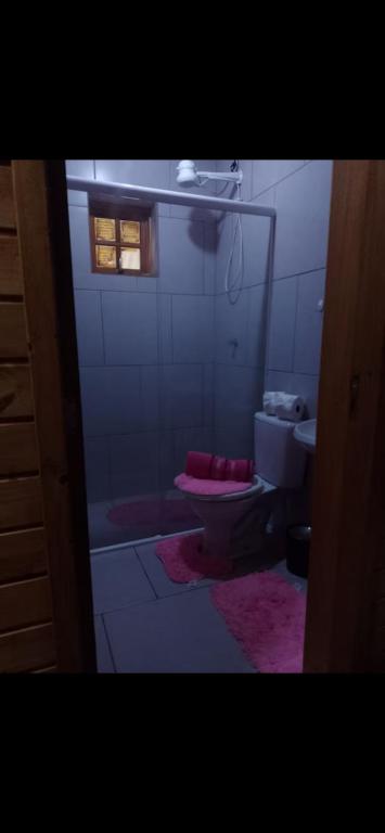 a bathroom with a tub and a toilet and a window at Cabanas paraíso pousadas in Bagé