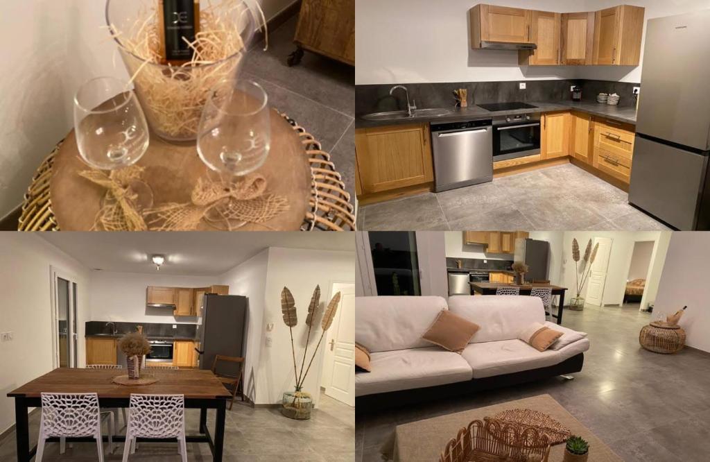 een collage van foto's van een keuken en een woonkamer bij Villa dans un domaine viticole in Lorgues