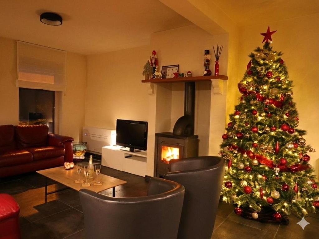 een woonkamer met een kerstboom en een open haard bij Maison Violette in Durbuy