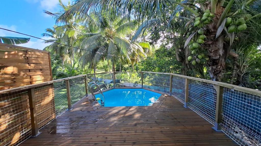 een houten loopbrug die naar een zwembad op een balkon leidt bij Le Havre du Voyageur - Colibri in Le Moule