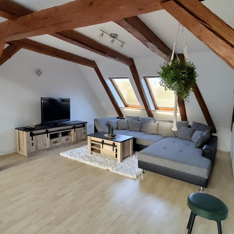 ein Wohnzimmer mit Sofa und Fernseher in der Unterkunft Ferienwohnung - Alte Mühle Extertal in Extertal