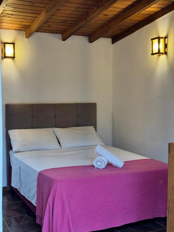 een slaapkamer met een bed met een roze deken bij palmaresuites in Imbituba