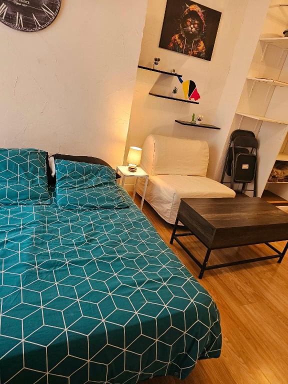 Studio plein centre في أوش: غرفة نوم بها سرير وأريكة وطاولة