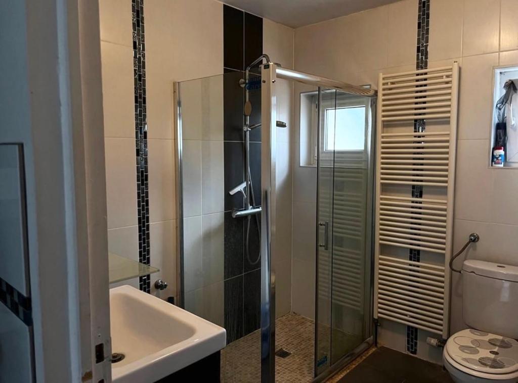 een badkamer met een douche, een toilet en een wastafel bij One City Lodge in Illkirch-Graffenstaden