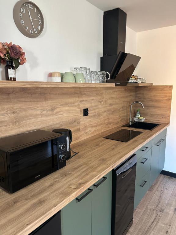 a kitchen with a counter with a microwave and a sink at Apartment nad Metují in Teplice nad Metují