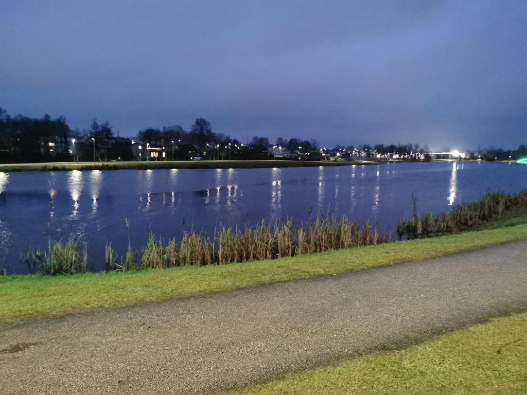 a lake with ducks on the water at night at Jõe House in Valga