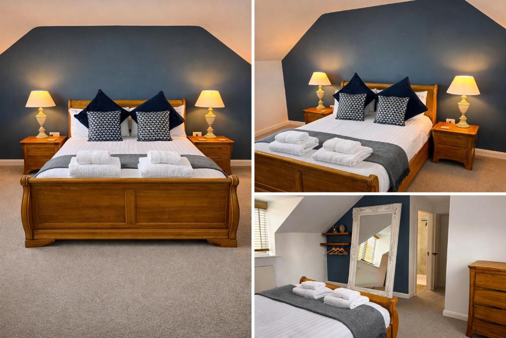 two pictures of a bedroom with a bed and a mirror at Hygge Homes - Modern 1 bed house in Lincoln