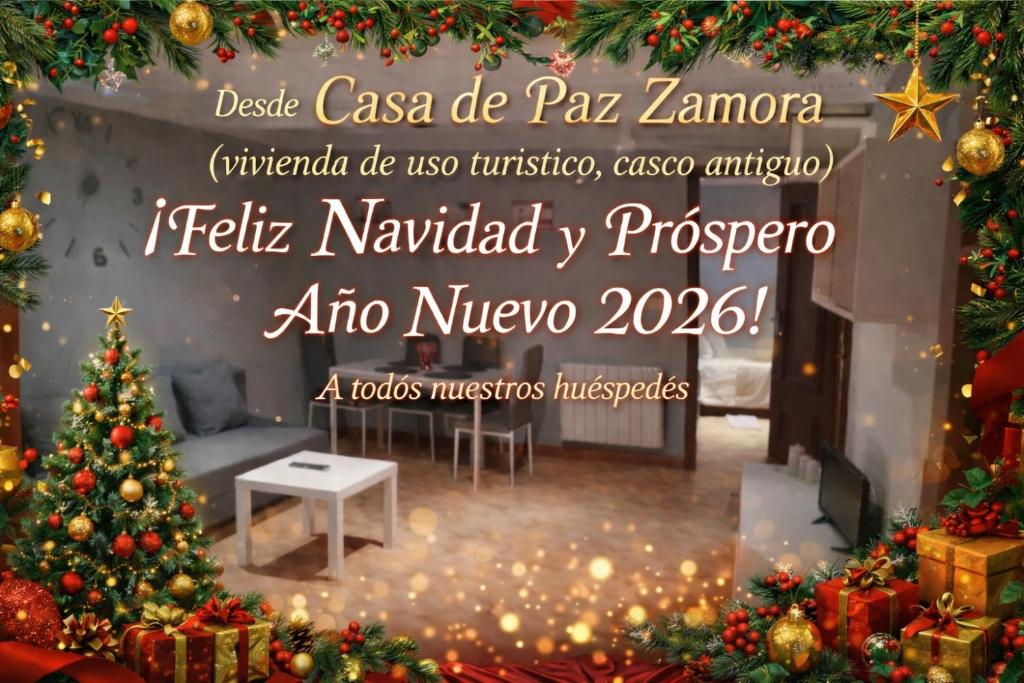 een kerstflyer met een kerstboom in een kamer bij Casa De Paz in Zamora