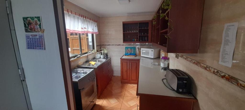 eine kleine Küche mit Spüle und Herd in der Unterkunft Casa en la playa in Valdivia