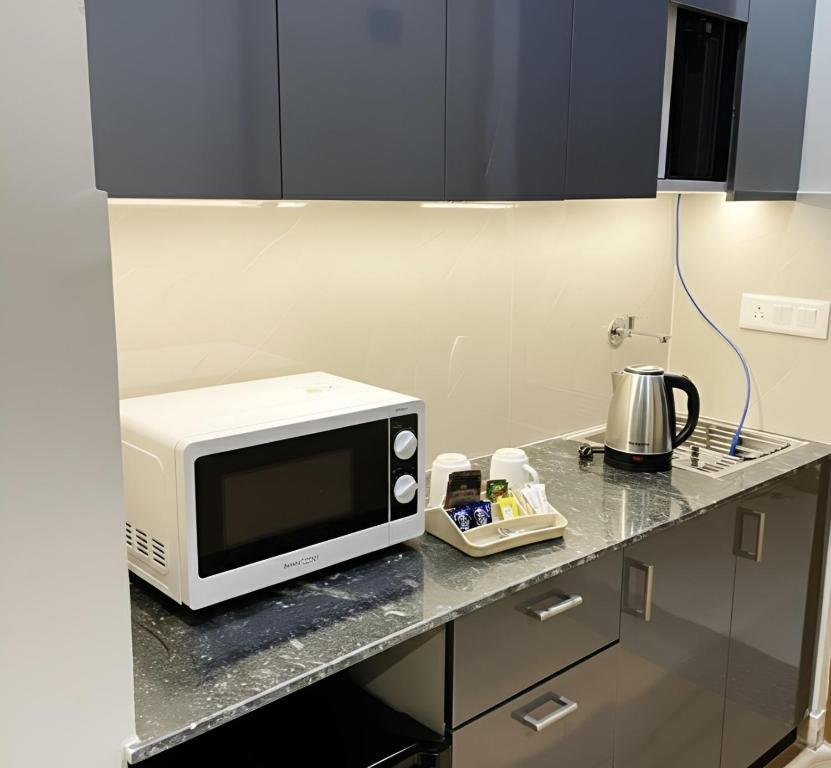 a microwave sitting on a counter in a kitchen at Kaveri Studio Apartment near India Expo Centre in Greater Noida
