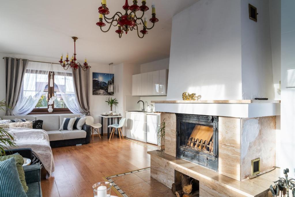a living room with a fireplace and a kitchen at Willa Dukat in Czarny Dunajec