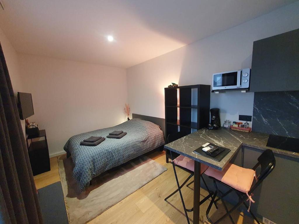 ein kleines Schlafzimmer mit einem Bett und einem Schreibtisch in der Unterkunft Studio Les Deux Grenouilles 5mn de Colmar in Herrlisheim-près-Colmar