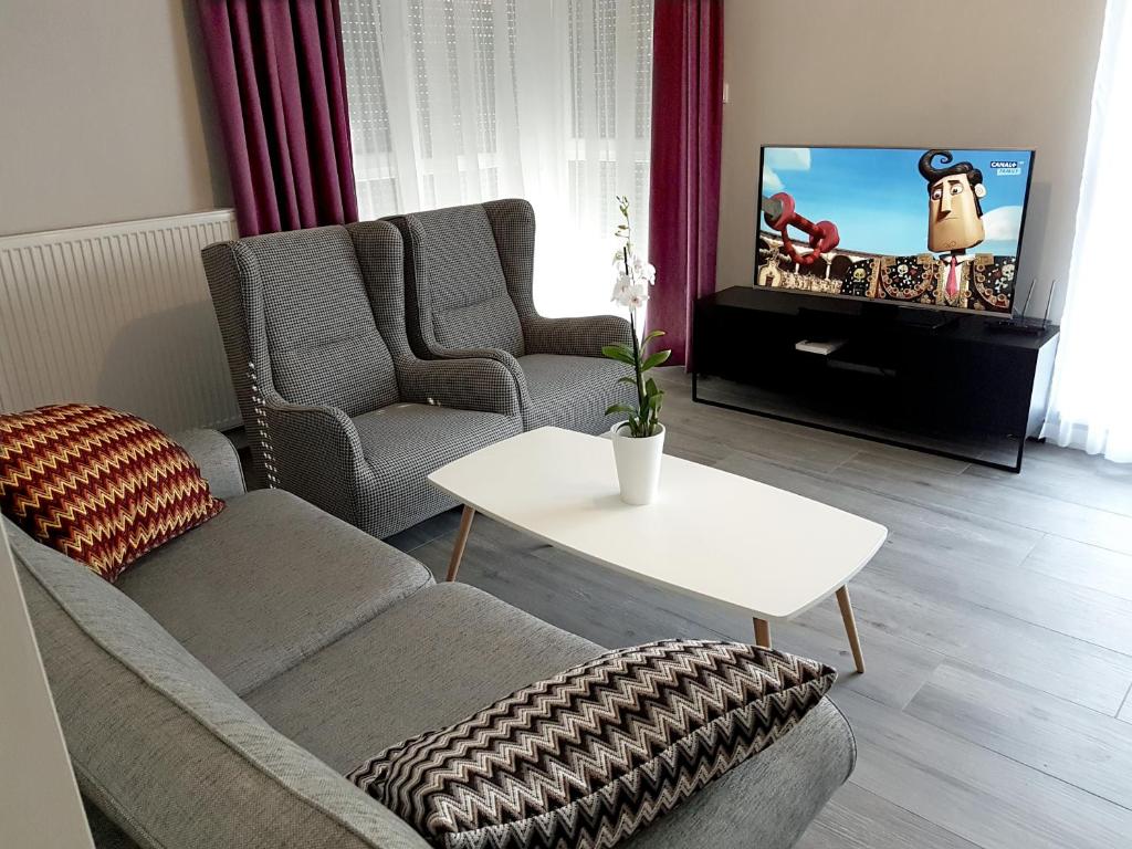 uma sala de estar com um sofá e uma televisão em CCH Elephant Apartments em Poznań