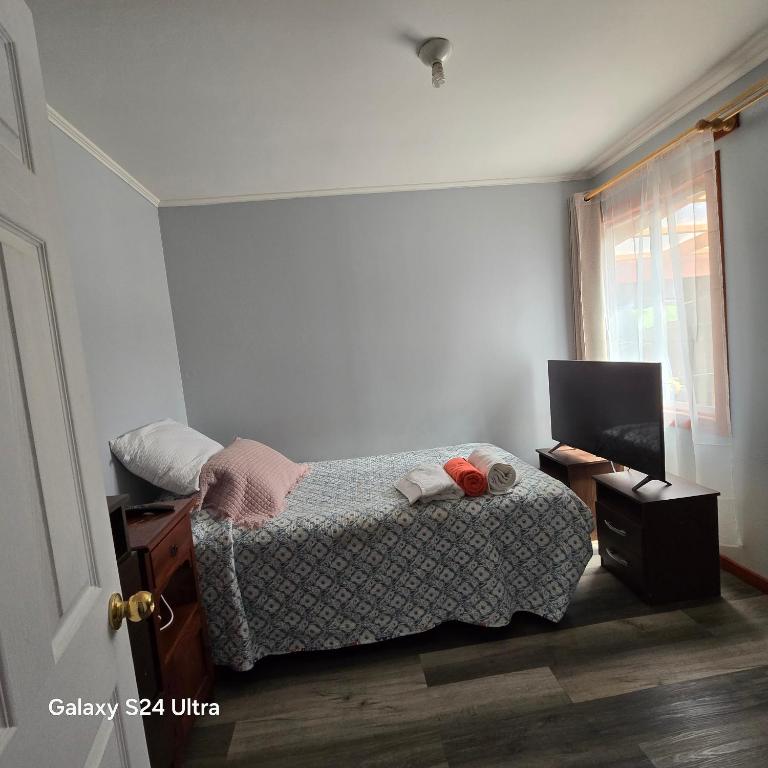ein kleines Schlafzimmer mit einem Bett und einem Fernseher in der Unterkunft Casa en Frutillar in Frutillar