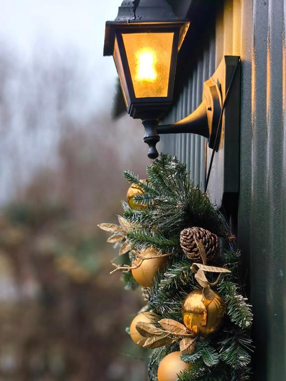 汤布里奇Bell Nook- Shepherd's hut with a spacious wood-fired hot tub的建筑物侧面挂着一盏圣诞树造型的灯笼。