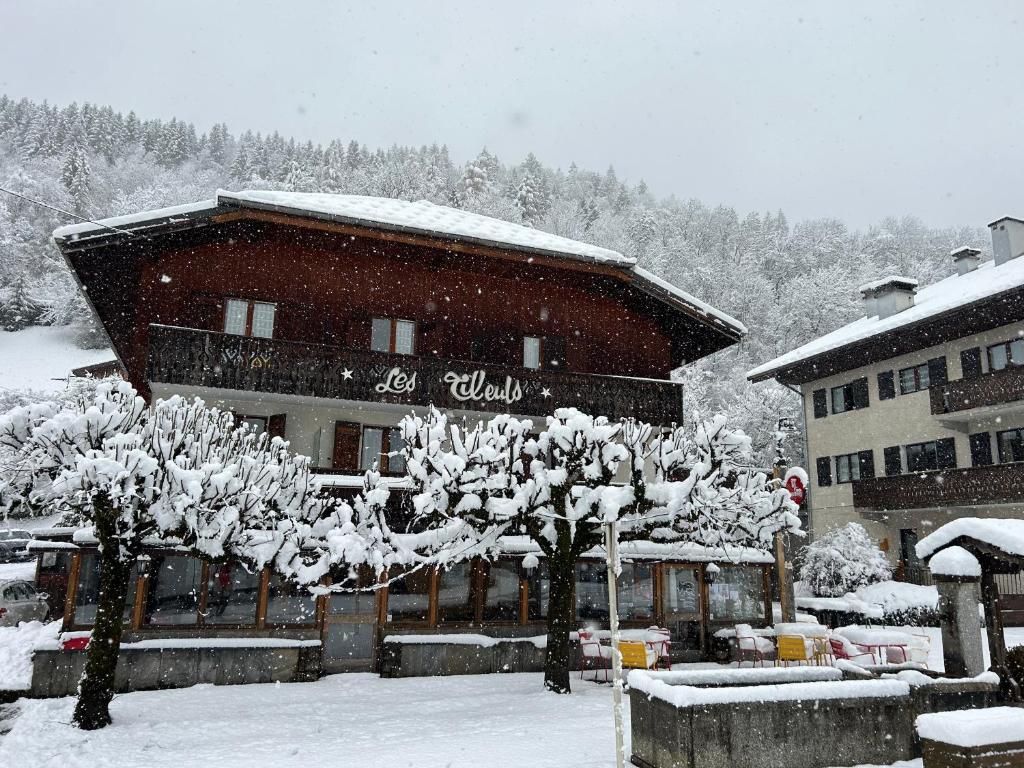 un bâtiment recouvert de neige et d'arbres devant lui dans l'établissement Les Tilleuls, à Le Biot