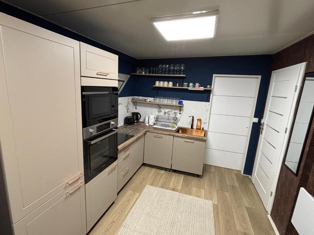 a small kitchen with white appliances and blue walls at Luxury Home in Igal
