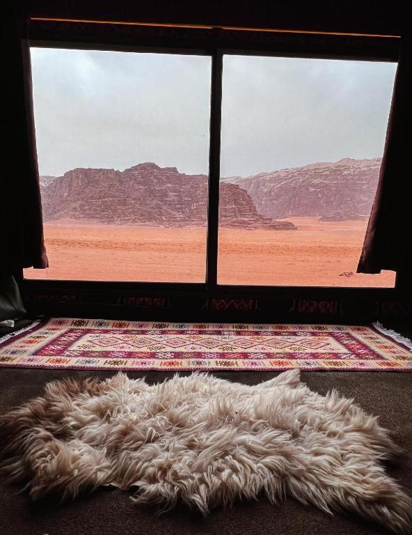 a furry rug on the floor in front of a window at Wadi Rum Bedoun in Wadi Rum