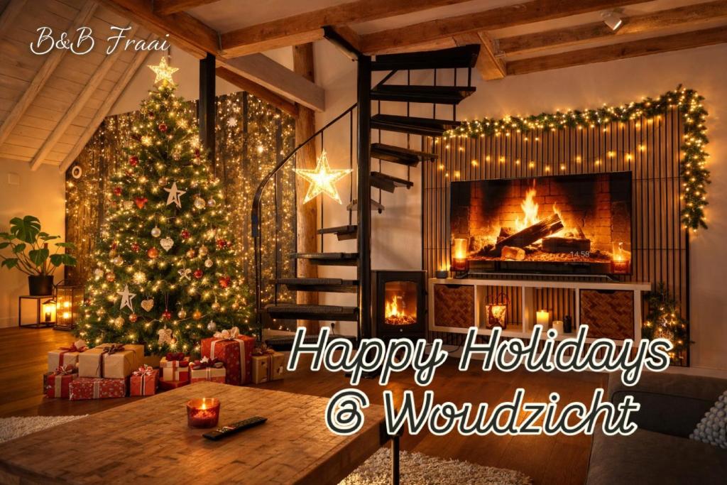 einen Weihnachtsbaum im Wohnzimmer mit Kamin in der Unterkunft B&B Woudzicht in Oudeschoot