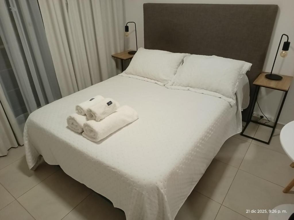 una camera da letto con un letto con asciugamani sopra di Temporary Rental a Chivilcoy