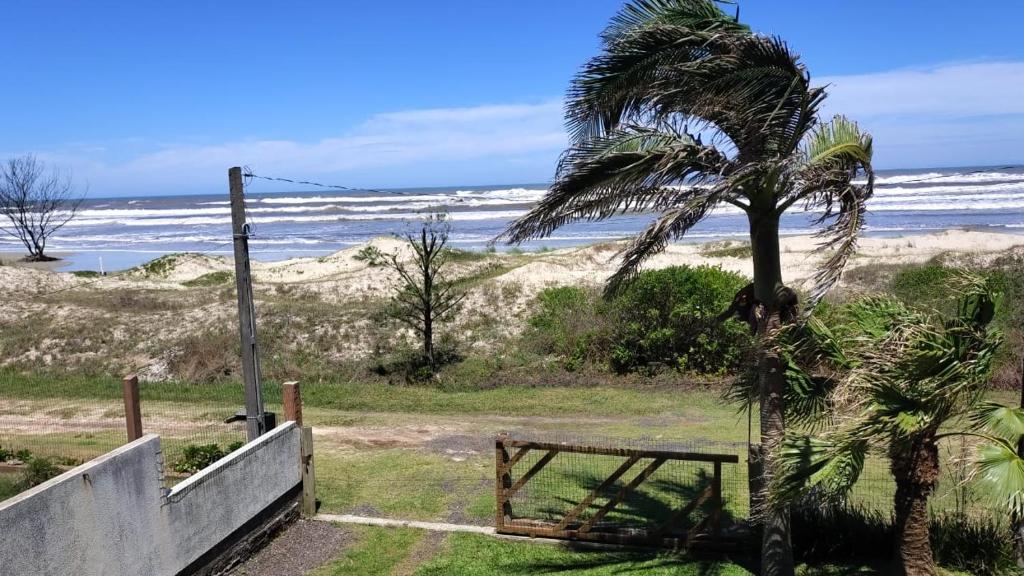 a palm tree next to a beach with the ocean at Chalé a Beira em Arroio do Sal in Arroio do Sal