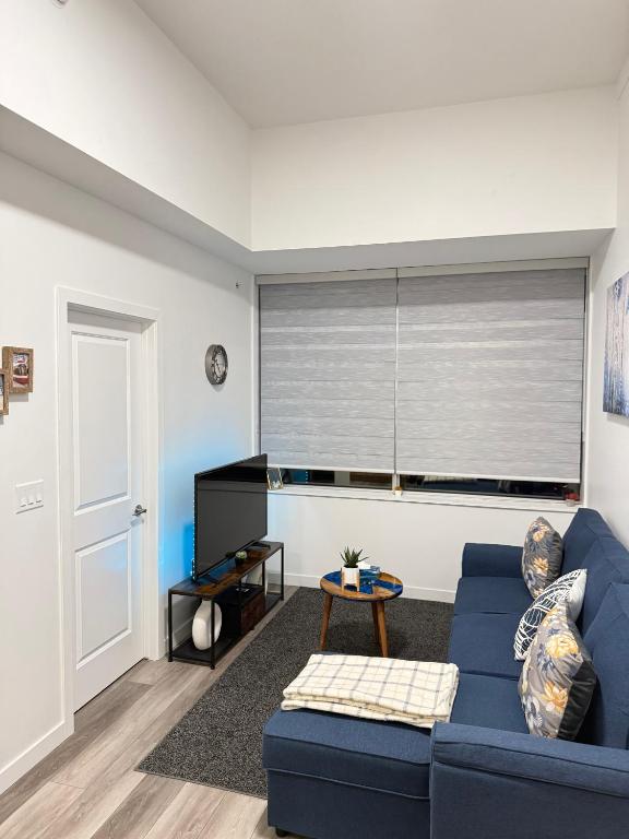 ein Wohnzimmer mit einer blauen Couch und einem Fenster in der Unterkunft EP Stays in Edmonton