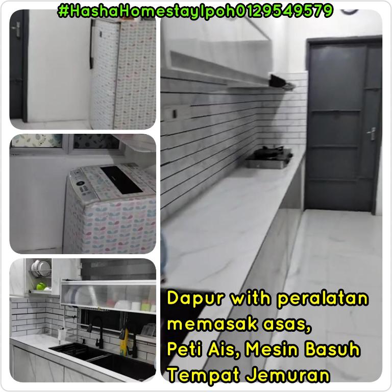 a collage of four pictures of a kitchen with a door at Hasha Homestay Ipoh in Gua Sai