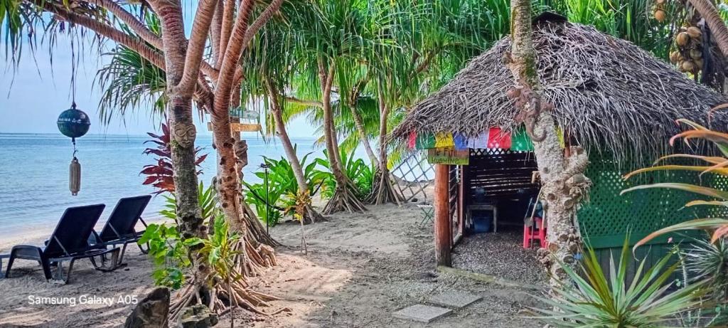 HUHEco cabanon Vaiana plage privée的海滩上的小屋,配有椅子和海洋