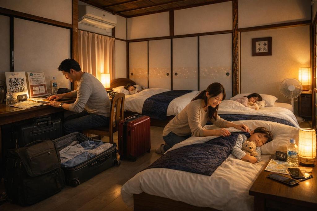 een groep mensen in een kamer met bedden bij Jikka Japan in Izumi-Sano