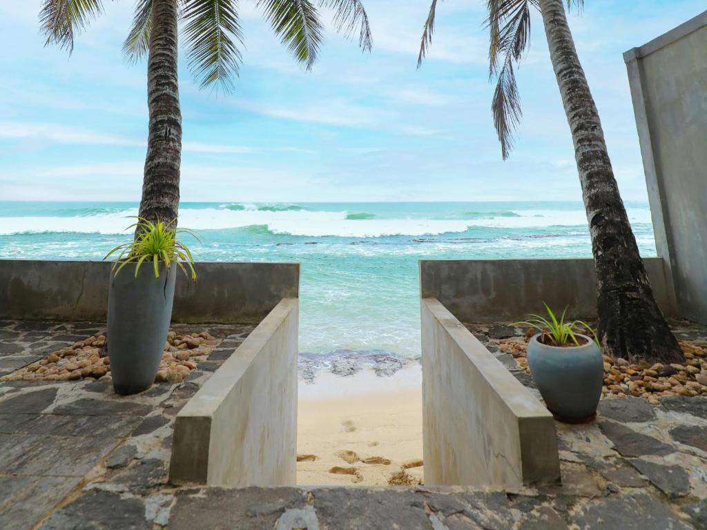 two concrete benches on the beach with palm trees at Florain Otium Talpe - 3 Bedroom Oceanfront Villa in Unawatuna