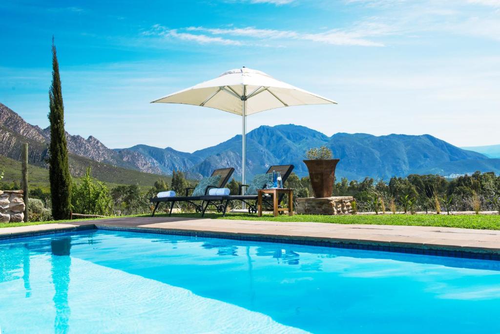 a swimming pool with an umbrella and a table and chairs at Galenia Estate in Montagu