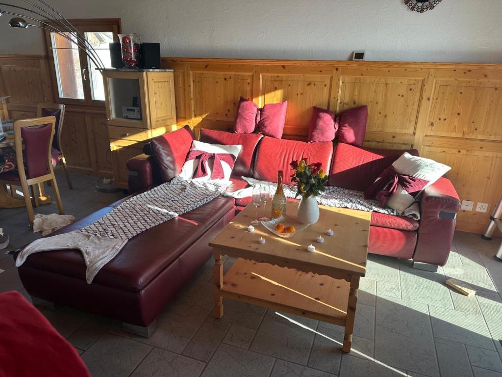 HinwilPanorama-Chalet Unterbach的客厅里有一张沙发和一张桌子。