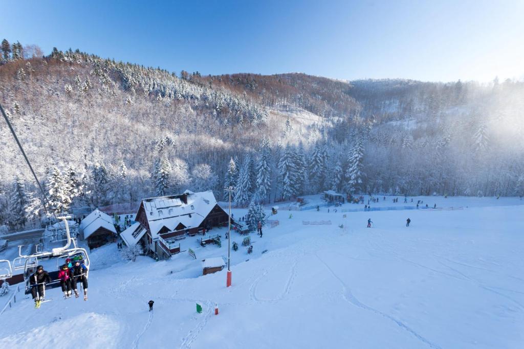 Pokoje na stoku Czarny Groń في رزيكي: مجموعة من الناس على مصعد التزلج في الثلج