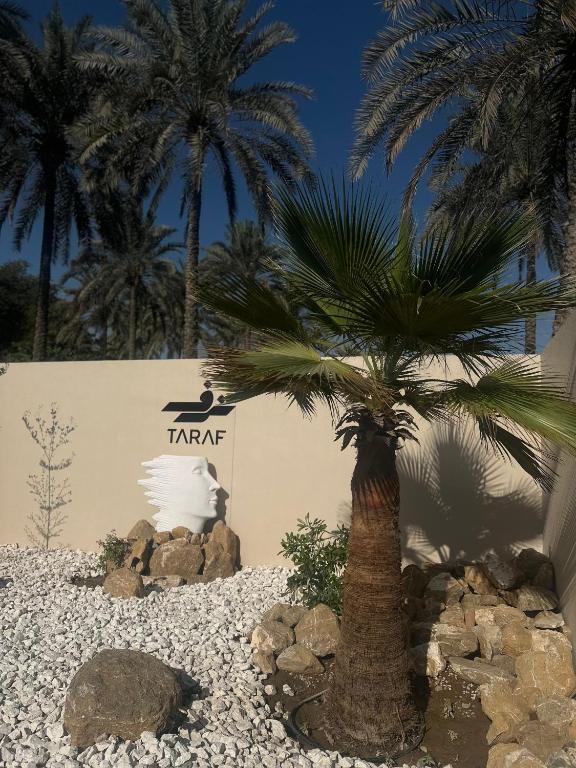 una palma davanti a un cartello tarara di شاليه ترف a Ghayl Shabūl