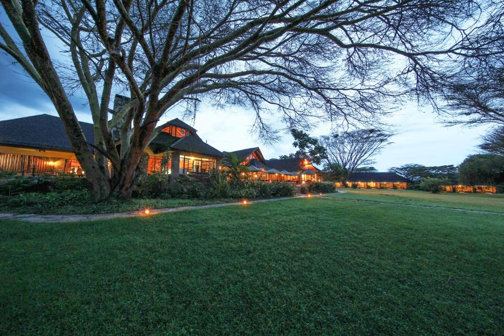 Muthu Keekorok Lodge, Maasai Mara, Narok في كيكوروك: بيت فيه شجره وانوار في الساحه