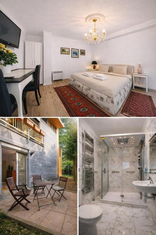 a room with a bed and a room with a table at Garden Studio with Kitchen & BBQ - KindStay Suites Prague Airport in Kněžívka